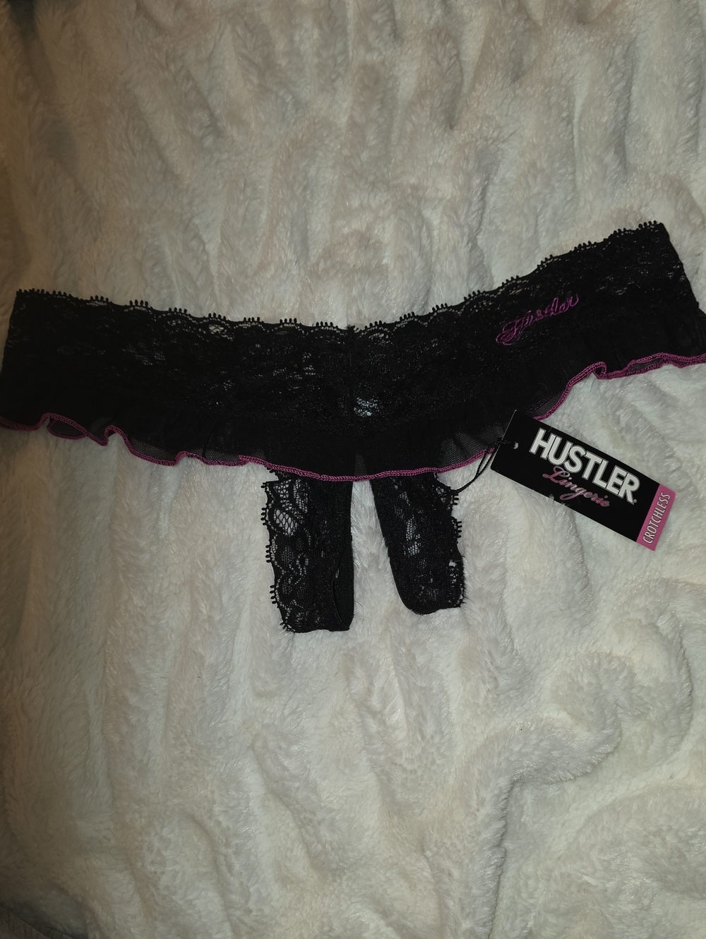 Hustler Hollywood Black Lace Thong Panty with Pink Trim